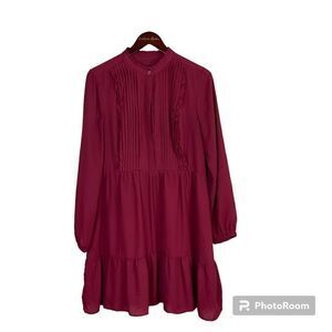 J Crew Mercantile Burgundy Dress 14 Long Sleeve A Line Ruffle Pin Tuck Pleated